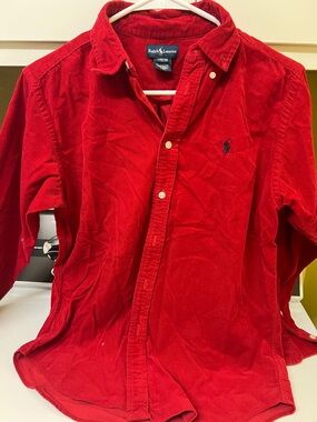 Ralph Lauren Red Corduroy Button-Down Shirt with Navy Pony